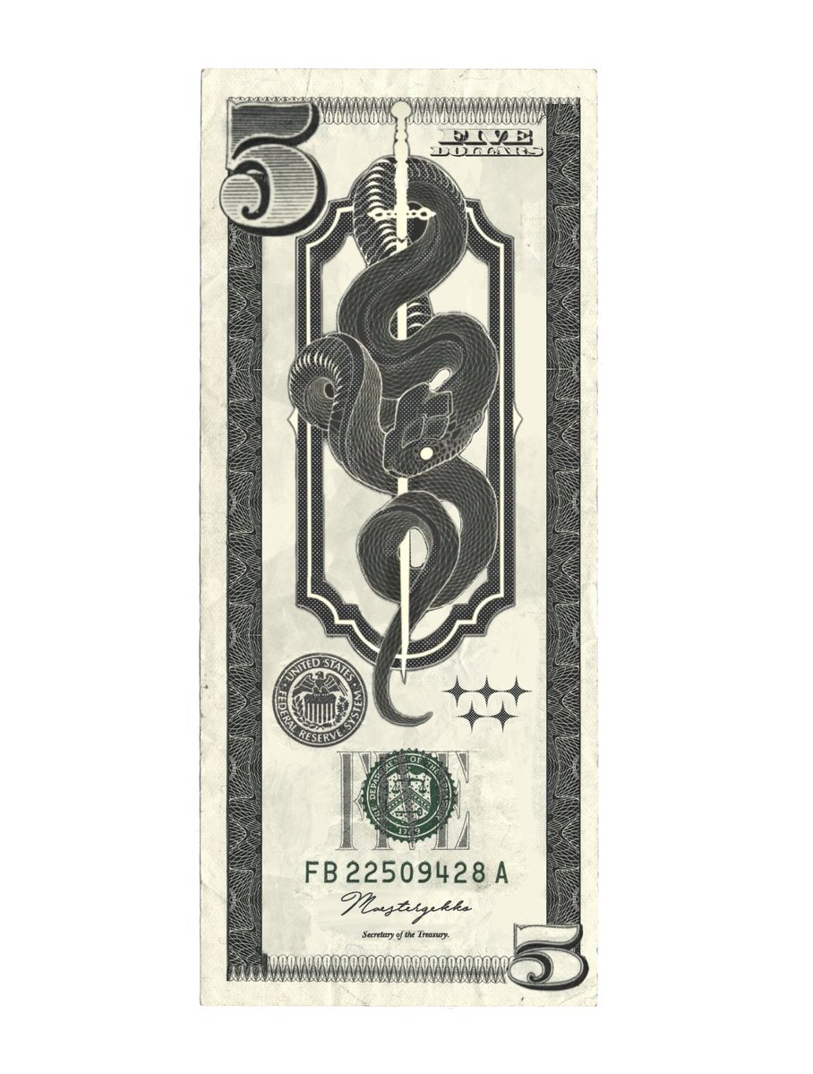What a five-dollar bill looks like in Death Spiral, my supernatural urban fiction worldbuilding project