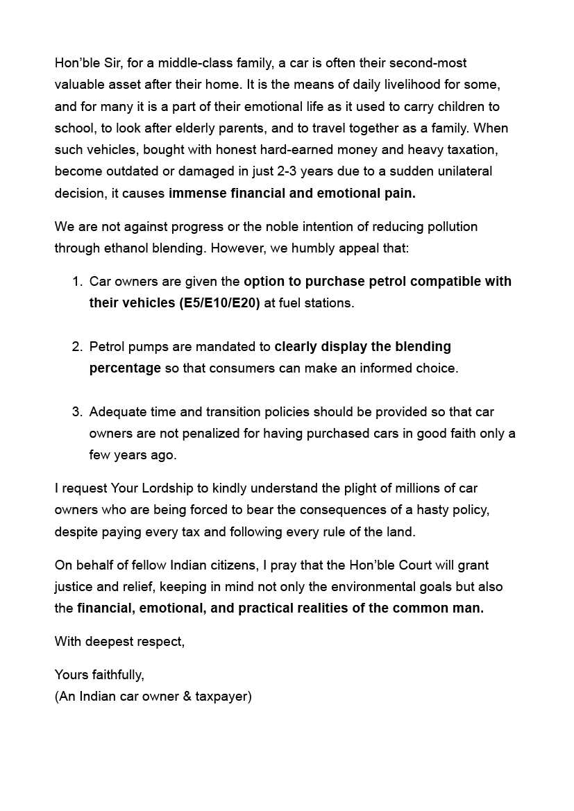 kapsology's tweet photo. Supreme Court to hear the PIL filed against #E20 Petrol Policy tomorrow.

An open letter to Chief Justice of India on behalf of millions of Indian car owners! https://t.co/b3ucJhNadL