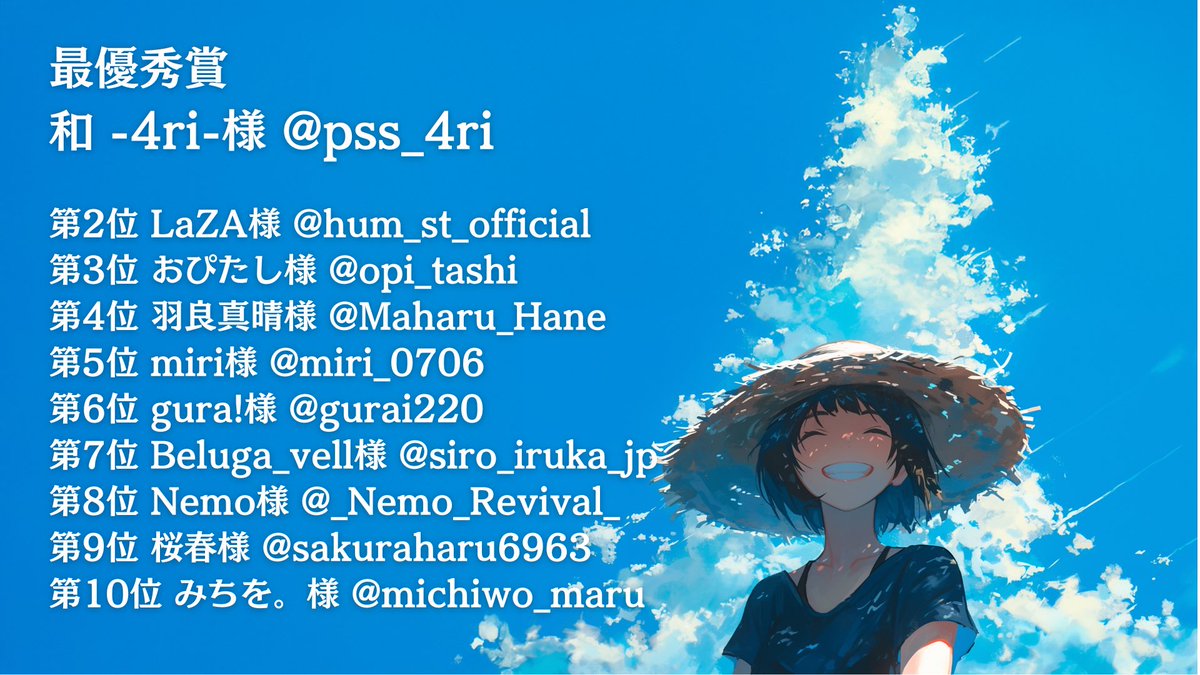 🎤【#音鳴GP8月 結果発表】

音鳴GP8月、最優秀賞は…
🎉和 -4ri-さん (<a href="/pss_4ri/">和 -4ri-🐟💜音鳴GR＆ﾘﾘﾘﾘ★ﾊﾞｰﾆﾝｸﾞﾅｲﾄ</a>) おめでとうございます！！

TOP10結果は画像をチェック🎶

明日以降、順次TOP10の方を感想付きで引用リポスト予定です！

 #音鳴GP9月 の詳細も明日発表予定🔥
今までとは少し違う企画となっているのでお楽しみに✨