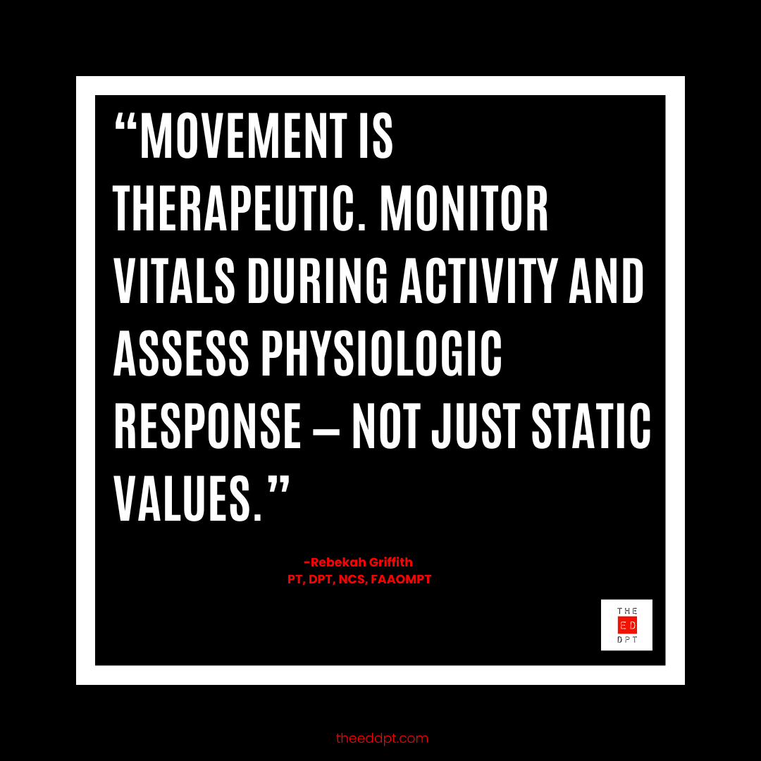 TheEDDPT's tweet photo. At rest, the patient looked fine.
With movement, everything crashed.
📊 Static vitals hide risk.
🚨 Movement exposes it.
That’s why PTs in the ED aren’t “nice to have” — they’re essential.
#EDPT #TopOfScope #VitalSigns #HealthcareInnovation https://t.co/i08AP7J9gN