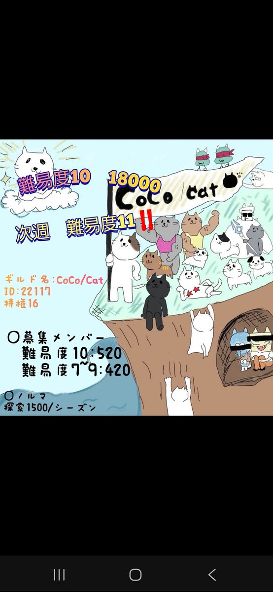 ギルメン募集中です🎵

ギルド名　CoCo/Cat　ID22117
難易度10:18000
次週特権11‼️
特権16

○ノルマ
遠征参加と探索1500だけです
※事前や事後に連絡いただければ免除も可

応募条件（満たなくても相談可）
難易度10  520以上  
難易度6-9 420以上
#ダダサバイバー
#ギルド募集