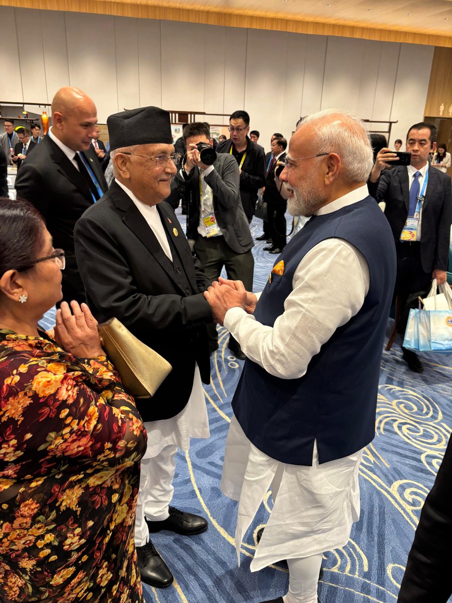 Narendra Modi (@narendramodi) on Twitter photo Delighted to meet Nepal PM Mr. KP Oli in Tianjin. India’s relations with Nepal are deep-rooted and very special.
<a href="/kpsharmaoli/">K P Sharma Oli</a> Delighted to meet Nepal PM Mr. KP Oli in Tianjin. India’s relations with Nepal are deep-rooted and very special.
<a href="/kpsharmaoli/">K P Sharma Oli</a>