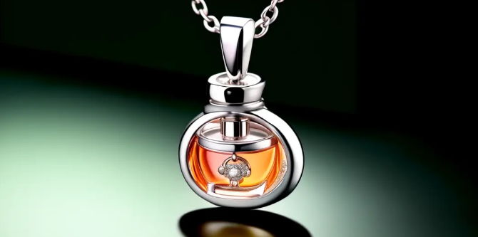 This elegant necklace pendant is shaped like a miniature perfume atomizer, designed to hold refillable fragrance inside. 
📷 Curious to create the future? Join the waitlist: ideeza.com hashtag
#GenerativeAI hashtag
#IDEEZA hashtag
#FutureOfInnovation