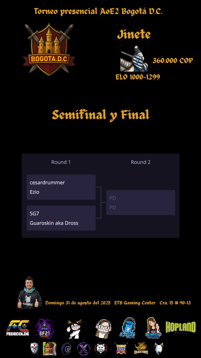 Joldix's tweet photo. 🇨🇴 SEMIFINALES Y FINALES DEL TORNEO PRESENCIAL DE AGE OF EMPIRES 2 DE, EN BOGOTÀ DC COLOMBIA.

Todos están invitados el domingo 31 de agosto en el ETBGAMING CENTER  BOGOTÁ DC.
https://t.co/F3fBAPyrLF

#eSports #esportsco #aoe2 #aoe2de #torneo https://t.co/BnAeBlG7ae