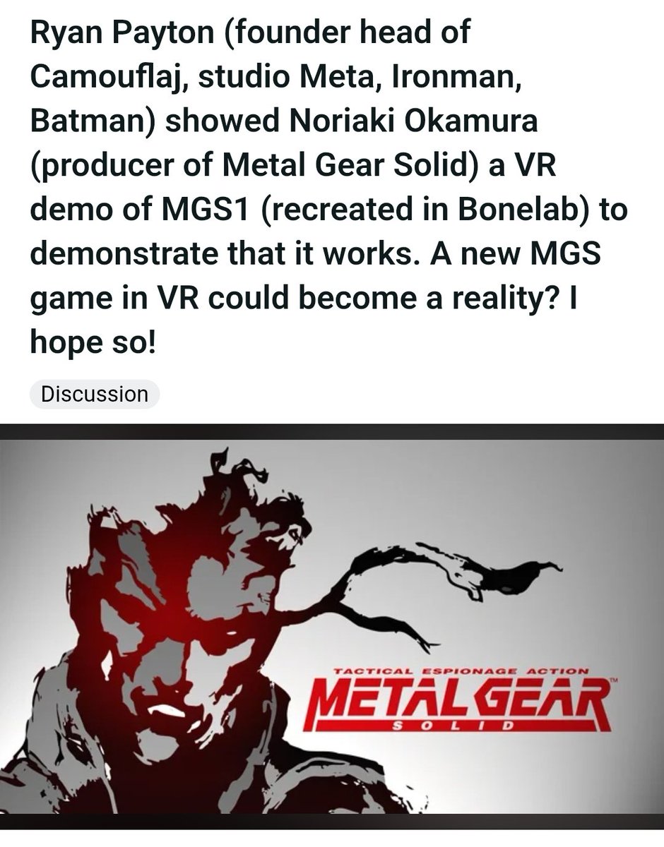 bmfshow's tweet image. Can you imagine if Meta/Camouflaj were able to secure the rights to porting the original MGS1 to Quest 3 or even Quest 4 🤯. I would die.