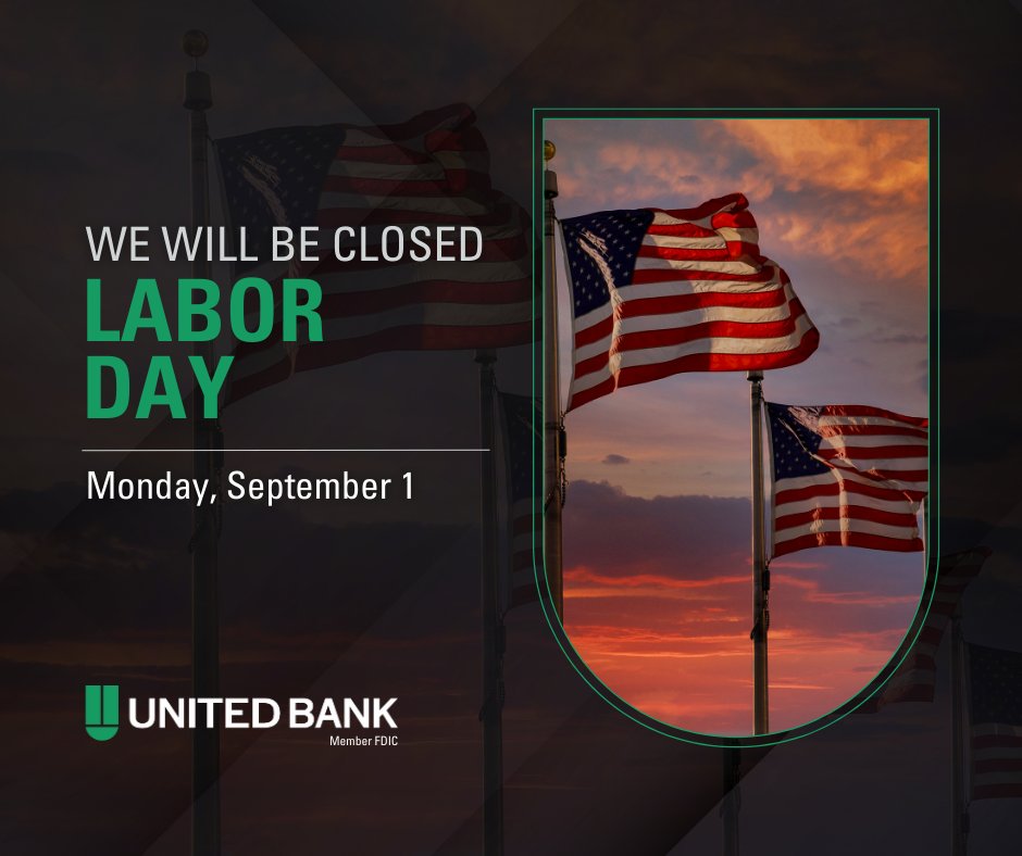 We hope you’re enjoying your Labor Day Weekend! ☀️
Our offices will be closed tomorrow, September 1. For immediate banking needs, we encourage customers to use online or mobile banking or visit an ATM.