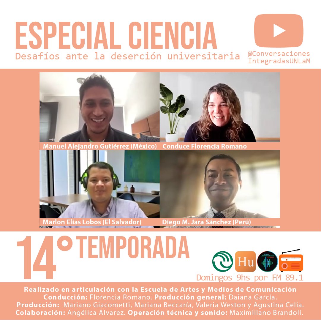 🎓 Desafíos ante la deserción universitaria
Hasta las 10 hs en @ConversacionesIntegradasUNLAM y en ru891.com.ar junto a 🇸🇻 Marlon Elías Lobos Rivera, 
🇵🇪 Diego M. Jara Sánchez y 🇲🇽 Manuel A. Gutiérrez González. Un pgm clave para repensar el acompañamiento institucional