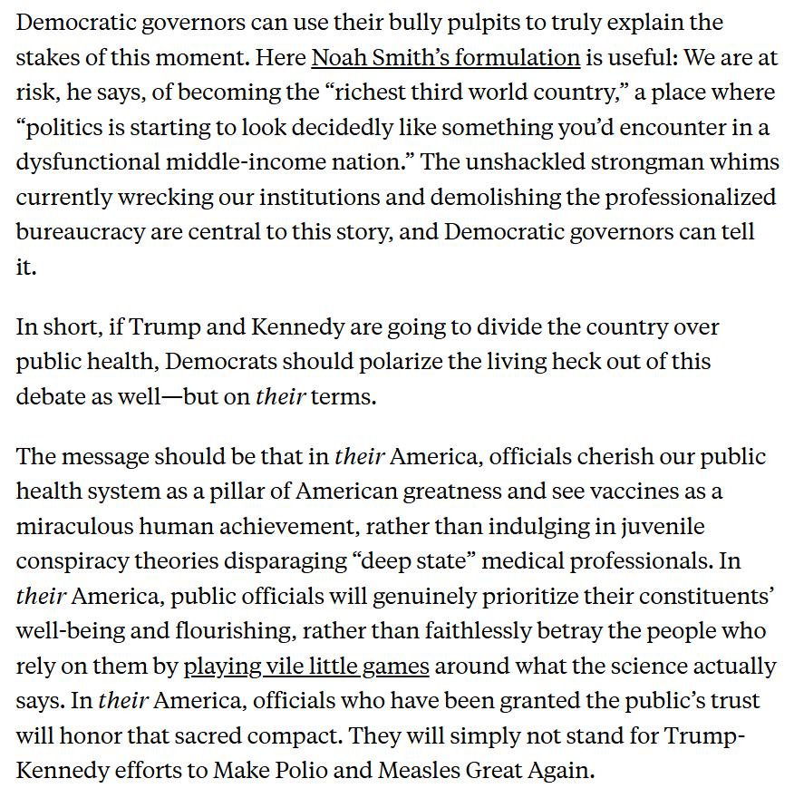 Dems should respond to Trump/RFK destruction of public health in this country by polarizing the debate to the max. Dem govs should scour every corner of the law for creative new ways to defend their people from RFK's madness.

Some thoughts on this here:

newrepublic.com/article/199853…