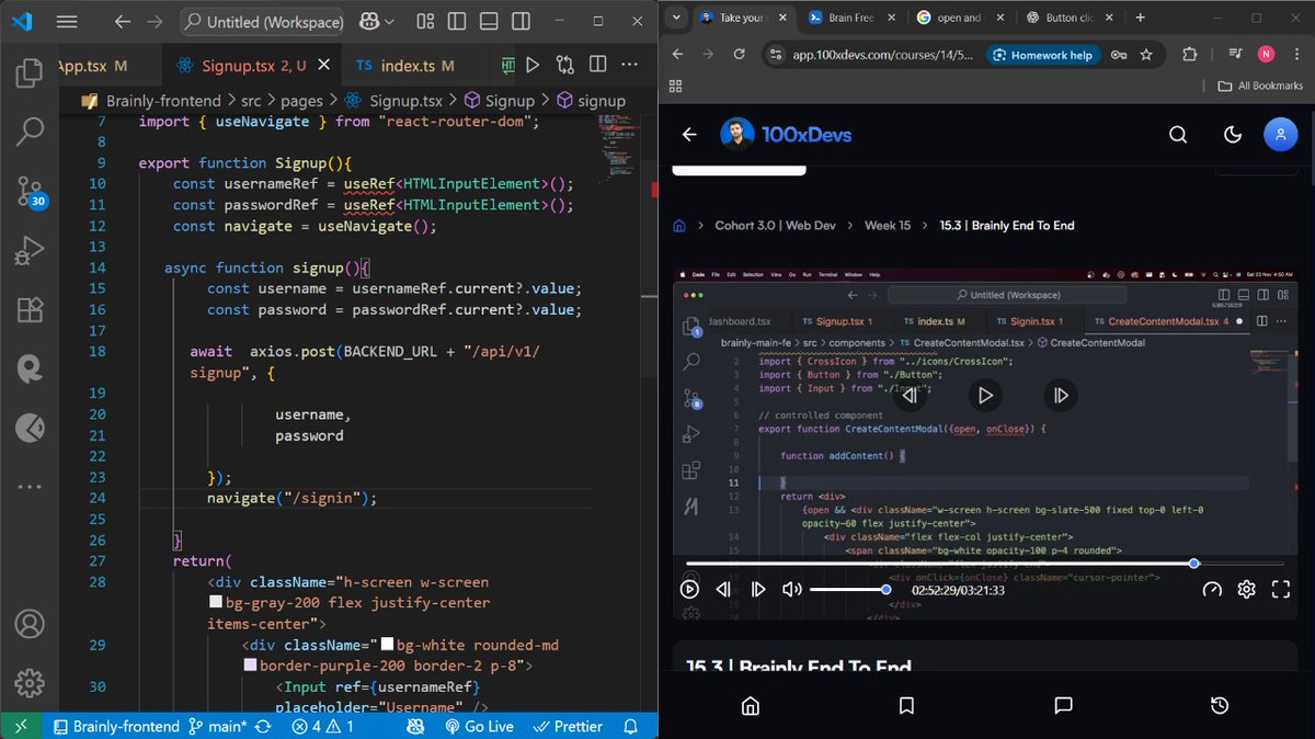 NitinYa9919's tweet image. Day 36/100 of #100DaysOfCode 🚀
Still grinding on Brainly 🧠
✅ Fixed frontend quirks
✅ Added user dashboard
✅ Built login/signup pages
🔗 Connected everything to the backend
#ReactJS #TailwindCSS #WebDev #100xDevs