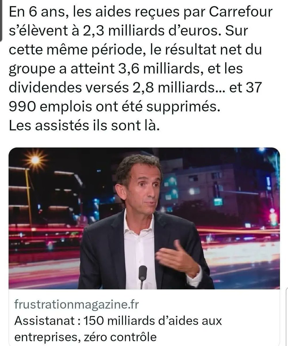 Les assistés ce sont tout ces minables salopards a la tête des grands groupes et multinationales. 
Ce sont tout ceux du medef et du cac40.
Il faut urgemment aller leur faire les poches, ainsi qu à l ensemble de leurs actionnaires.
#10Septembre2025 #10Septembre 
#Blocage