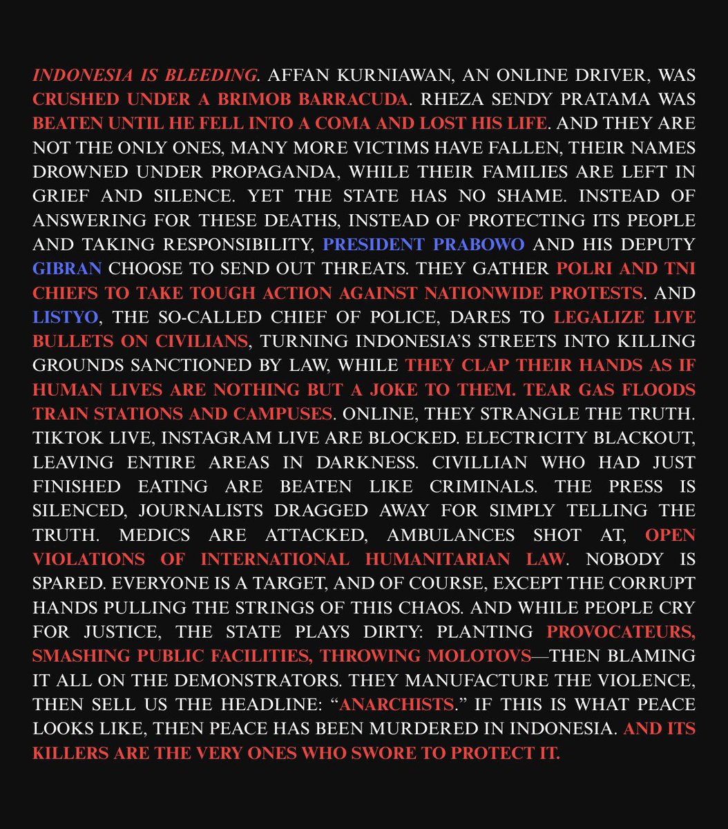 inikaadin୨୧ (@blueisgyu) on Twitter photo 🚨 SPEAK THE TRUTH, SPREAD THE NEWS 🚨
Civilians killed, medics attacked, journalists silenced.
#ResetIndonesia #1312ACAB #IndonesiaGelap
<a href="/AJEnglish/">Al Jazeera English</a> <a href="/ABSCBNNews/">ABS-CBN News</a> <a href="/ChannelNewsAsia/">CNA</a> 🚨 SPEAK THE TRUTH, SPREAD THE NEWS 🚨
Civilians killed, medics attacked, journalists silenced.
#ResetIndonesia #1312ACAB #IndonesiaGelap
<a href="/AJEnglish/">Al Jazeera English</a> <a href="/ABSCBNNews/">ABS-CBN News</a> <a href="/ChannelNewsAsia/">CNA</a>