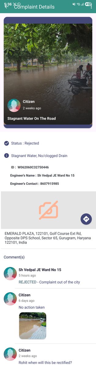 ManpreetSJ's tweet photo. @MunCorpGurugram @Dchautala @cmohry @Rao_InderjitS @TOIGurgaon @BandBajaateRaho Please look into this! 🙏 

Had raised water stagnation ticket on MCG+Swatchhata App two weeks back. 

Today engineer closed the ticket stating sector 65 is not in Gurgaon!! Why not sack such staff?!! https://t.co/ILqEaK170A