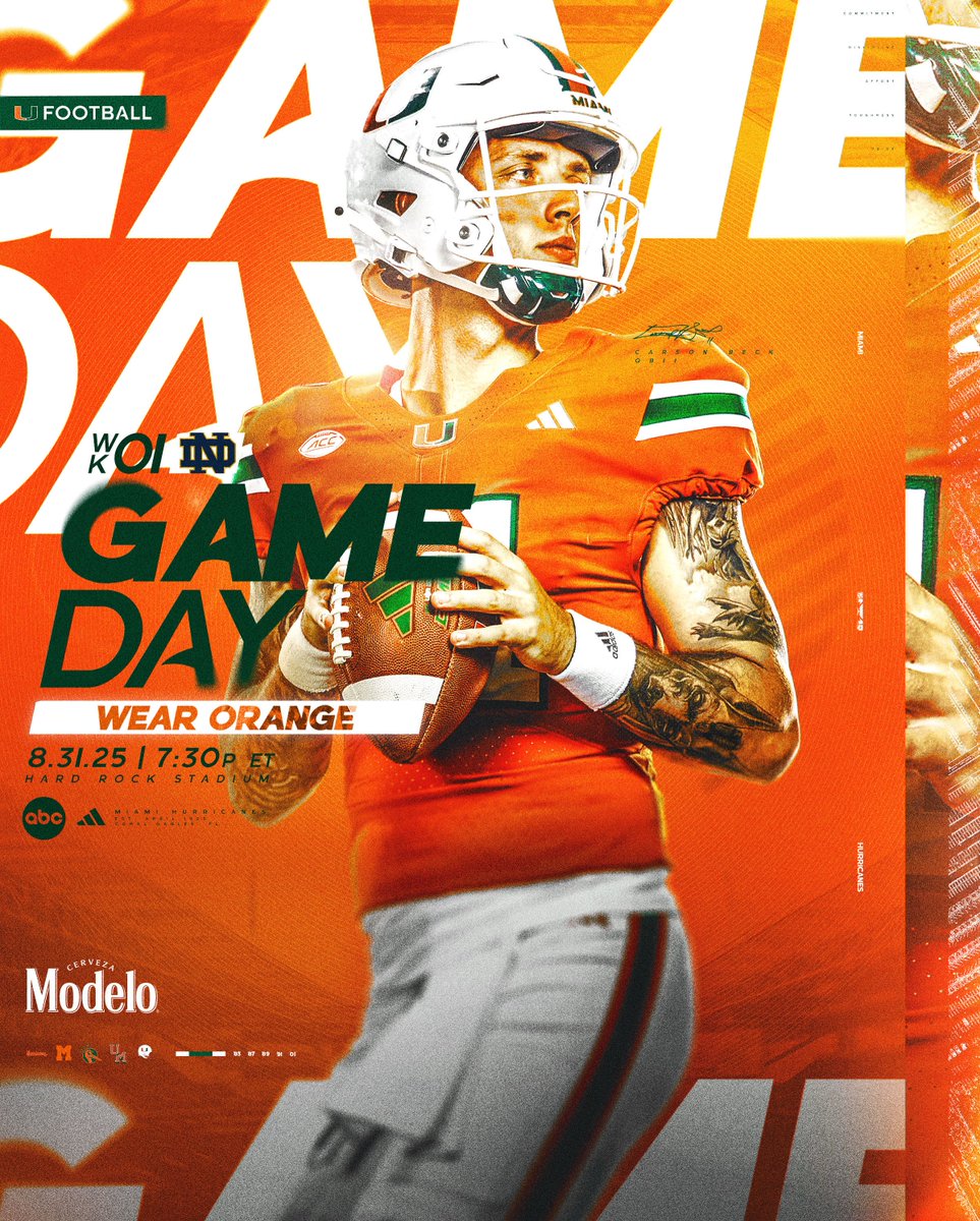 Miami Hurricanes Football (@canesfootball) on Twitter photo Here we go....it’s GAME DAY! 🙌
🆚: Notre Dame
📍: <a href="/HardRockStadium/">Hard Rock Stadium</a> 
⏰: 7:30 PM ET
📺: ABC
📻: <a href="/1043wqam/">104.3 WQAM</a>
🟠: Wear ORANGE! Here we go....it’s GAME DAY! 🙌
🆚: Notre Dame
📍: <a href="/HardRockStadium/">Hard Rock Stadium</a> 
⏰: 7:30 PM ET
📺: ABC
📻: <a href="/1043wqam/">104.3 WQAM</a>
🟠: Wear ORANGE!