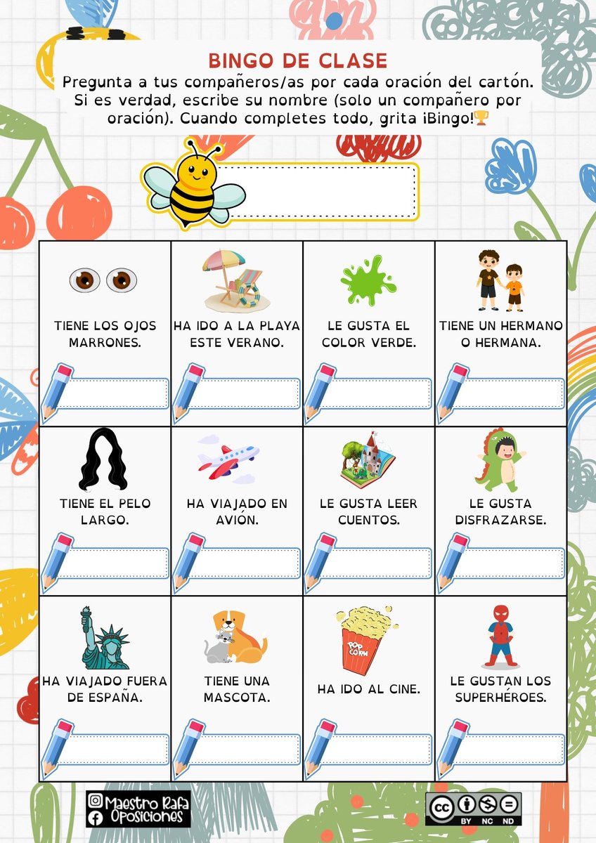 🎲¿Quieres empezar el curso con una dinámica divertida para que tu alumnado se conozca mejor?

👉Te comparto mi Bingo de Clase: 25 cartones listos para imprimir y usar en el aula.

📥Descárgalo gratis aquí: acortar.link/GBXV2B

#RecursosDocentes #IdeasParaProfes #Primaria