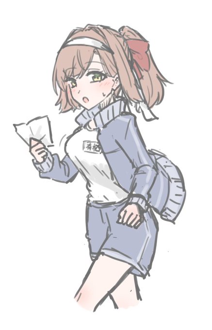 @ktm_wall 借り物競争でメモのものを探しているイリエちゃん落書き(組み分け決まってないのではちまきは仮) 