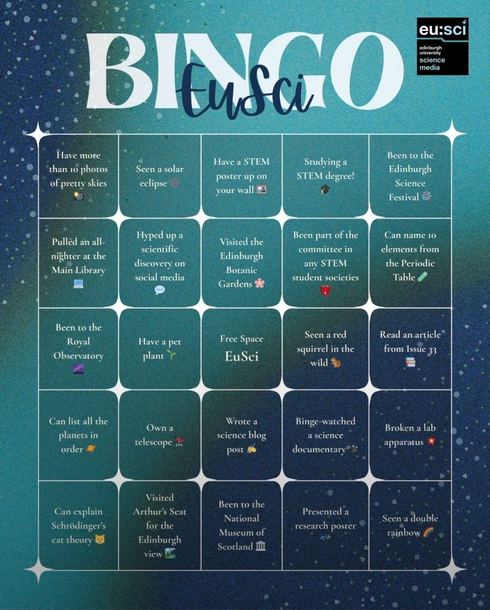 eusci's tweet image. Playing BINGO helps release dopamine in your body, which motivates you to search for happiness and enjoyment in the game! Let’s test it and see who can get a science BINGO. 

How many of the above have you done before? 

#ScienceComm #EuSci #Bingo #ScienceMagazine #Neuroscience