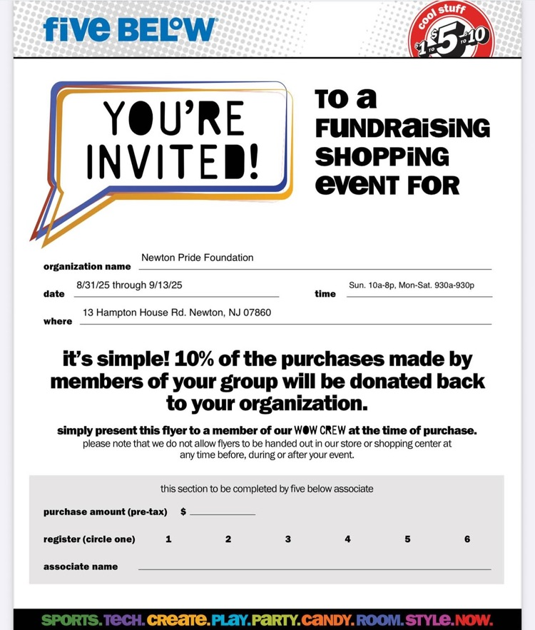 NHSBraves's tweet photo. Starting today and for the next two weeks, FIVE BELOW in Newton is excited to donate 10% of all sales to the Newton Pride Foundation! Print the flyer and show it at the register to contribute!

🔗 https://t.co/tEbv9nJ4uX https://t.co/T43JQnxrft