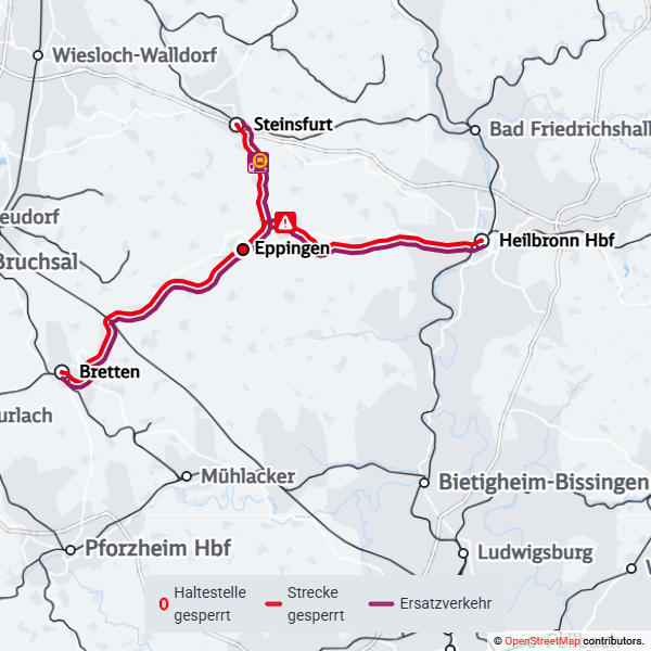 Regio_Mitte's tweet photo. #RE45, RE5 und #S5 - Großraum #Eppingen gesperrt Grund: Erhöhter Krankenstand beim Personal.  In der Folge kommt es jetzt zu Verspätungen und Teilausfällen.  Ein Ersatzverkehr mit Bussen ist eingerichtet. Reiseverbindung vor Abfahrt prüfen. Update folgt. https://t.co/0kXFH85MiT