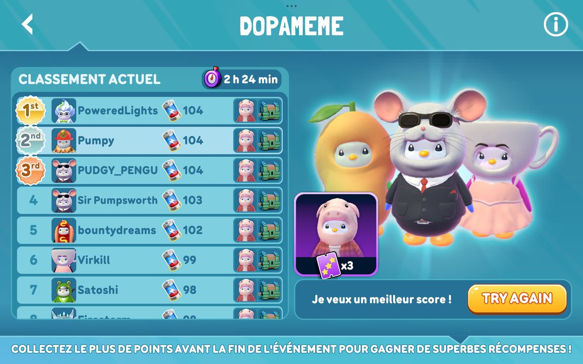 Pumpy_____'s tweet image. Gmabs ☕🌞✳️

Currently holding the 🥈 spot on @PlayPudgyParty with only 2 hours left 🤞

Do you think I can stay in the Top 3 until the end ? 👀