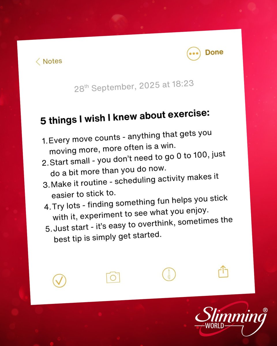 etting started with exercise can be the hardest part – here are five things I wish I knew sooner👇.  

At Slimming World, we’ll help you build up activity in a way that’s enjoyable, sustainable and totally tailored to you 🥰. Find out more at my Oakridge group 🤗
