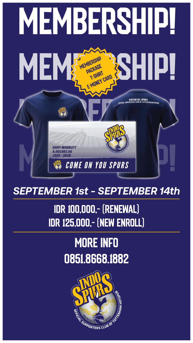 IndoSpurs buka membership lagi untuk periode 3 tahun kedepan! Yok gabung bareng sama Indonesia Spurs. Info lebih lanjut silahkan kontak nomernya ya
#COYS