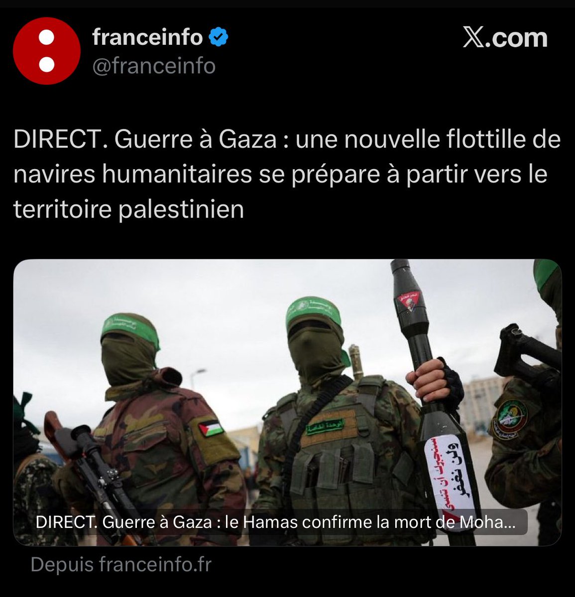 Amine Snoussi (@amin_snoussi) on Twitter photo La ligne éditoriale pro-génocide de <a href="/franceinfo/">franceinfo</a>.
Pour illustrer le départ d’une nouvelle flottille pour briser le blocus à Gaza, ils mettent une photo du.. Hamas 🤡 La ligne éditoriale pro-génocide de <a href="/franceinfo/">franceinfo</a>.
Pour illustrer le départ d’une nouvelle flottille pour briser le blocus à Gaza, ils mettent une photo du.. Hamas 🤡