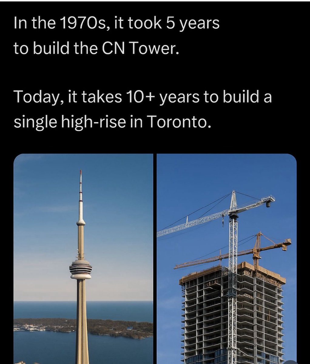 In the 1970s, Canada built the CN Tower in just 5 years.
Today, it takes 10+ years to deliver a single high-rise in Toronto.

Not because cranes are slower — but because red tape, permits, and approvals eat up most of the timeline.

#HousingCrisis #Toronto
