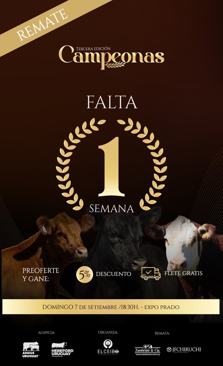 🏅¿Cual es tu futura Gran Campeona?
3ª edición de remate Campeonas en el Prado 
Domingo 7 en el galpón de ventas 

22 lotes de terneras, ternero, juniors y vaquillonas.
20 hembras Angus y Red Angus PI
2 hembras Polled Hereford PI

Administración propia
Plazo: 12 cuotas
Descuento