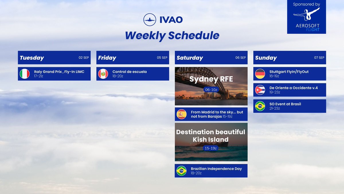 🌍 Weekly Event Schedule 🌍 

Don’t miss out on the fun and excitement - check the event calendar and pick the flights that interest you the most! See you in the virtual skies! ⛅ ✈️
