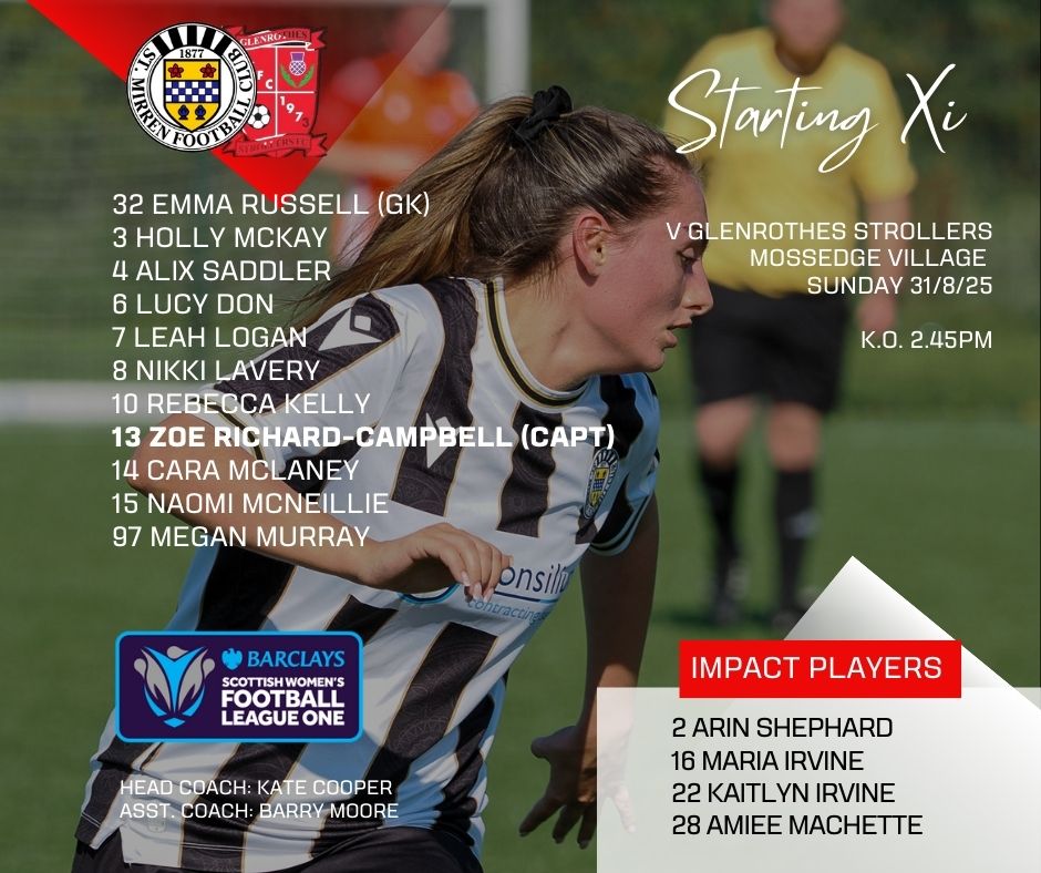 St Mirren WFC (@stmirrenwfc) on Twitter photo ⚫⚪ MATCHDAY LINE-UP ⚪⚫
Here’s your St Mirren Women FC Starting XI as we welcome <a href="/fc_strollerslfc/">Glenrothes Strollers Ladies FC</a> to Mossedge Village for today’s Barclays SWF League One clash.
🕑 Kick-Off: 2:45pm
📍 Mossedge Village
💪 Let’s hear you, Buddies – get behind the team!
#SMWFC | #SWFLeagueOne ⚫⚪ MATCHDAY LINE-UP ⚪⚫
Here’s your St Mirren Women FC Starting XI as we welcome <a href="/fc_strollerslfc/">Glenrothes Strollers Ladies FC</a> to Mossedge Village for today’s Barclays SWF League One clash.
🕑 Kick-Off: 2:45pm
📍 Mossedge Village
💪 Let’s hear you, Buddies – get behind the team!
#SMWFC | #SWFLeagueOne