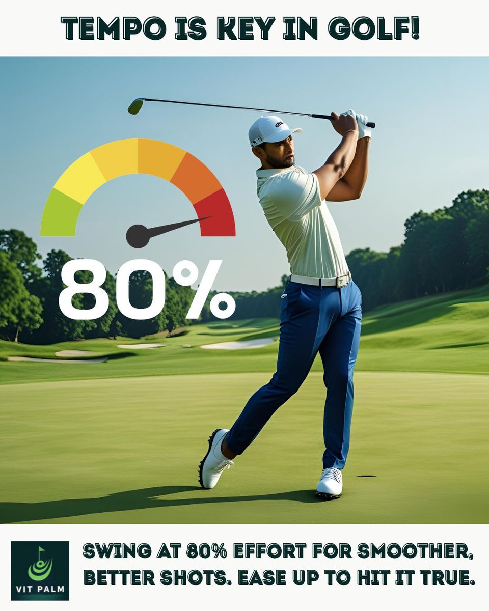 VitPalmGolf's tweet image. Tempo is key in golf! Swing at 80% effort for smoother, better shots. 🏌️‍♂️ 
Ease up to hit it true.  #GolfTips #SwingEasy