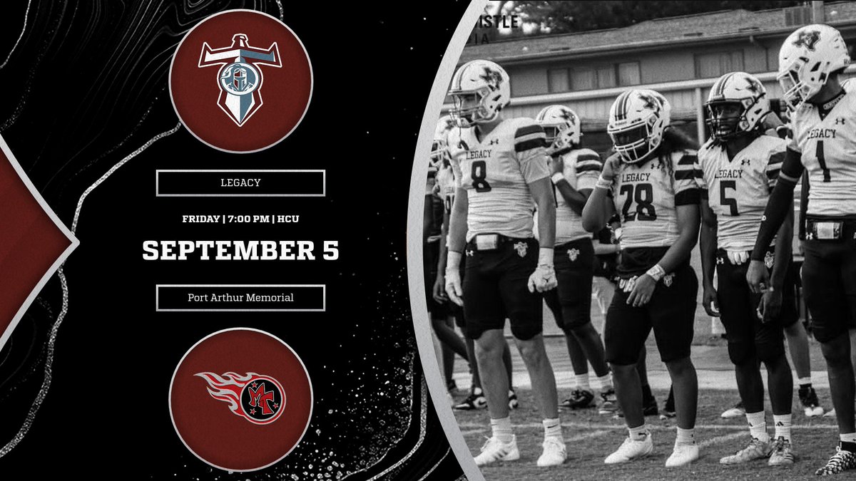 Legacy Athletics ๐ค๐พ (@lssstitans) on Twitter photo ๐: Week 2 - Clash of the Titans!
Senior Night ๐ซก๐๐ #txhsfb
๐ Fri., Sept. 5
โฐ๏ธ 7:00 pm
๐ Husky Stadium | HCU
Titans | <a href="/LegacyTitanFB/">Legacy Titan Football๐</a> (1-0) ๐๏ธ
PA Memorial | <a href="/memorialtitans/">Port Arthur Memorial High School</a>
Tickets ๐ ๐๐พ
fan.hudl.com/usa/tx/spring/โฆ ๐: Week 2 - Clash of the Titans!
Senior Night ๐ซก๐๐ #txhsfb
๐ Fri., Sept. 5
โฐ๏ธ 7:00 pm
๐ Husky Stadium | HCU
Titans | <a href="/LegacyTitanFB/">Legacy Titan Football๐</a> (1-0) ๐๏ธ
PA Memorial | <a href="/memorialtitans/">Port Arthur Memorial High School</a>
Tickets ๐ ๐๐พ
fan.hudl.com/usa/tx/spring/โฆ