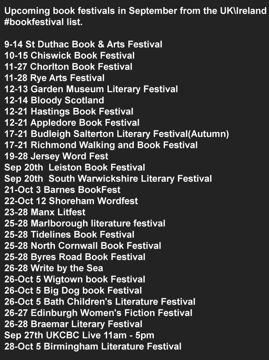 Upcoming book festivals in September from the UK\Ireland #bookfestival list. Full list at: alanjonesbooks.co.uk/festival_list.……

22-Oct 12 Shoreham Wordfest <a href="/ShorehamArt/">Shoreham Art Gallery</a> shorehamwordfest.com/whats-on/

23-28 Manx Litfest <a href="/manxlitfest/">Manx Litfest</a> manxlitfest.com