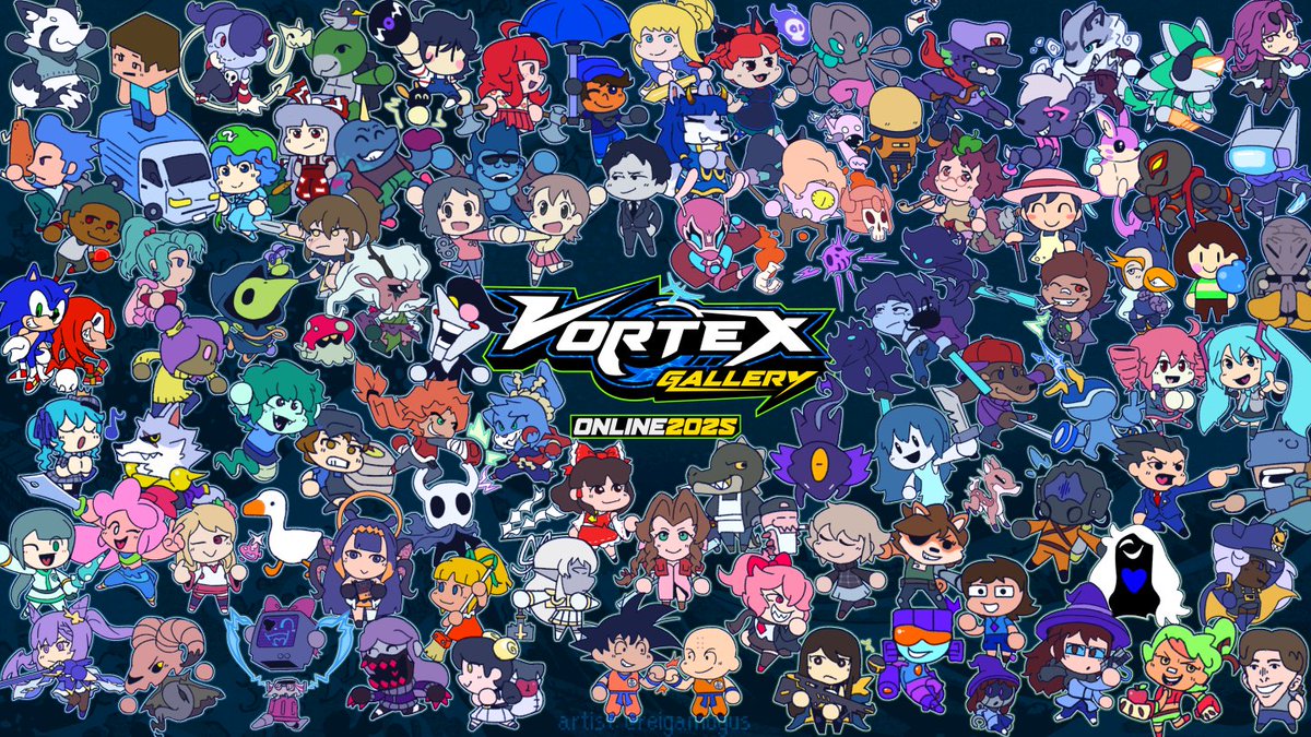 With graphic by <a href="/reigamogus/">Reiga</a> of 90 characters, we'd like to announce Vortex Gallery 2025, the biggest workshop major of the year!

💰$1,000 Prize Pool
📸Full Stream by roboshyguy
&amp; tons of love poured into the event!

📅9/13
🎥youtu.be/r6-omgmUkEM
More in 🧵!
#RivalsofAether