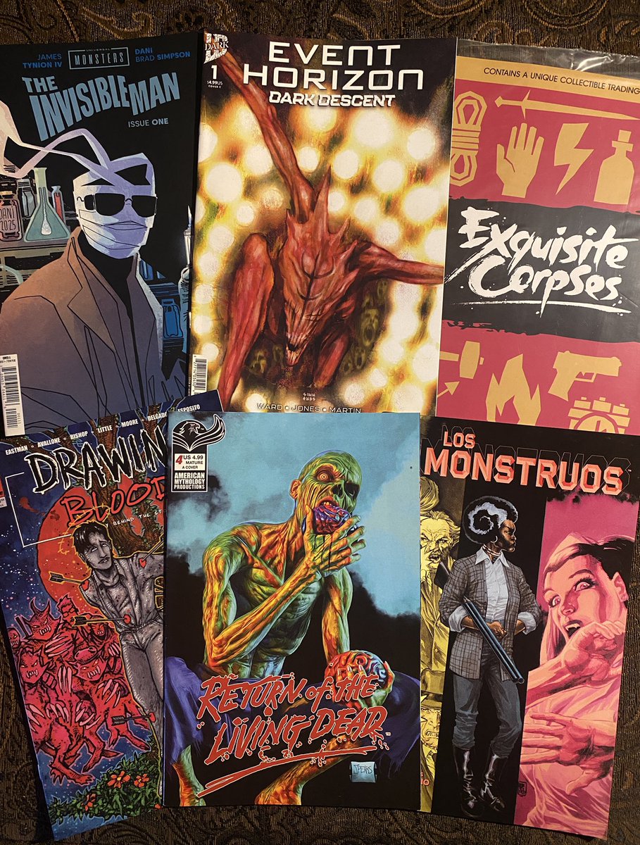 Here’s tonight’s haul…

“Universal Monsters’ The Invisible Man” #1
“Event Horizon: Dark Descent” #1
“Exquisite Corpse” #4
“Drawing Blood” #8
“Return of of the Living Dead” #4
“Los Monstruos” #4

Mostly horror comics, this time…