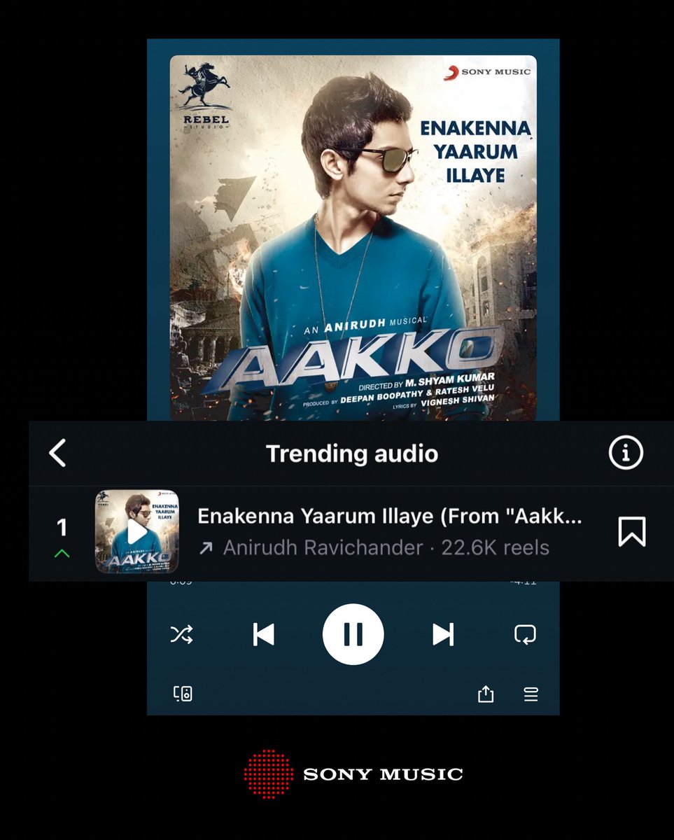 SonyMusicSouth's tweet photo. TOPING THE TRENDING CHARTS OF @instagram like none other! 🏆🏆🏆🏆🏆🏆
No. 1️⃣ On charts and hearts ♥️
The forever favourite and MUCH MUCH MUCH loved #EnakennaYaarumIllaye 🤌🏻
@anirudhofficial #VigneshShivan
#Aakko https://t.co/5u0exKrNzc