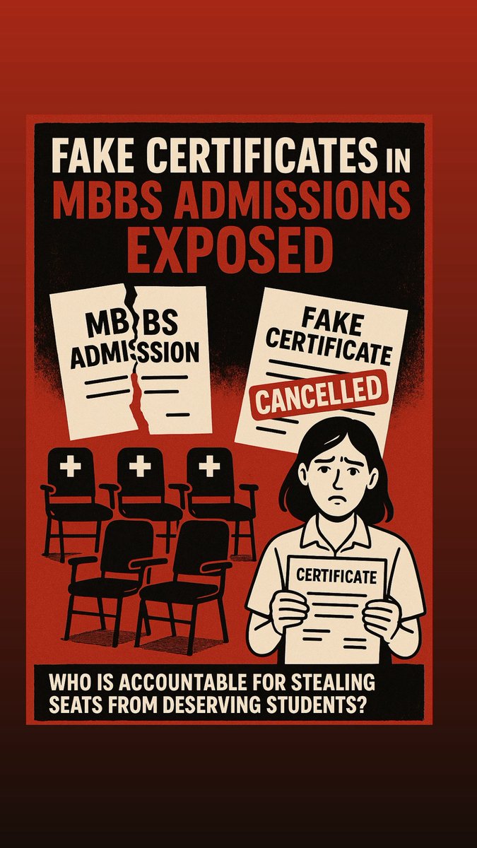 autopsy_surgeon's tweet photo. Shocking 🚨
 MBBS admissions cancelled in UP and Chattisgarh after fake certificates exposed

In Uttar Pradesh, the NEET UG 2025 process has been hit by a massive scam where 64 forged certificates were used under the Freedom Fighter quota. 

The state has 4,442 MBBS seats, with 88 reserved for dependents of freedom fighters. This year, 79 seats were allotted under this quota and 71 students had already joined colleges, but verification revealed that many of these certificates were fake, leading to cancellation of admissions.

In Chhattisgarh, three students from Bilaspur managed to secure MBBS seats using forged EWS certificates. One of them is the niece of a BJP leader. 

When the documents were cross checked at the tehsil office, it turned out that no applications were ever filed, yet certificates were issued and used to claim reserved seats. The truth only came out during verification.

if such scams are being uncovered in UP and Chhattisgarh, how many more are hidden in other states? Who is ensuring proper verification of these certificates, and who will answer for the genuine aspirants who are losing out on seats because of these fraudulent practices?