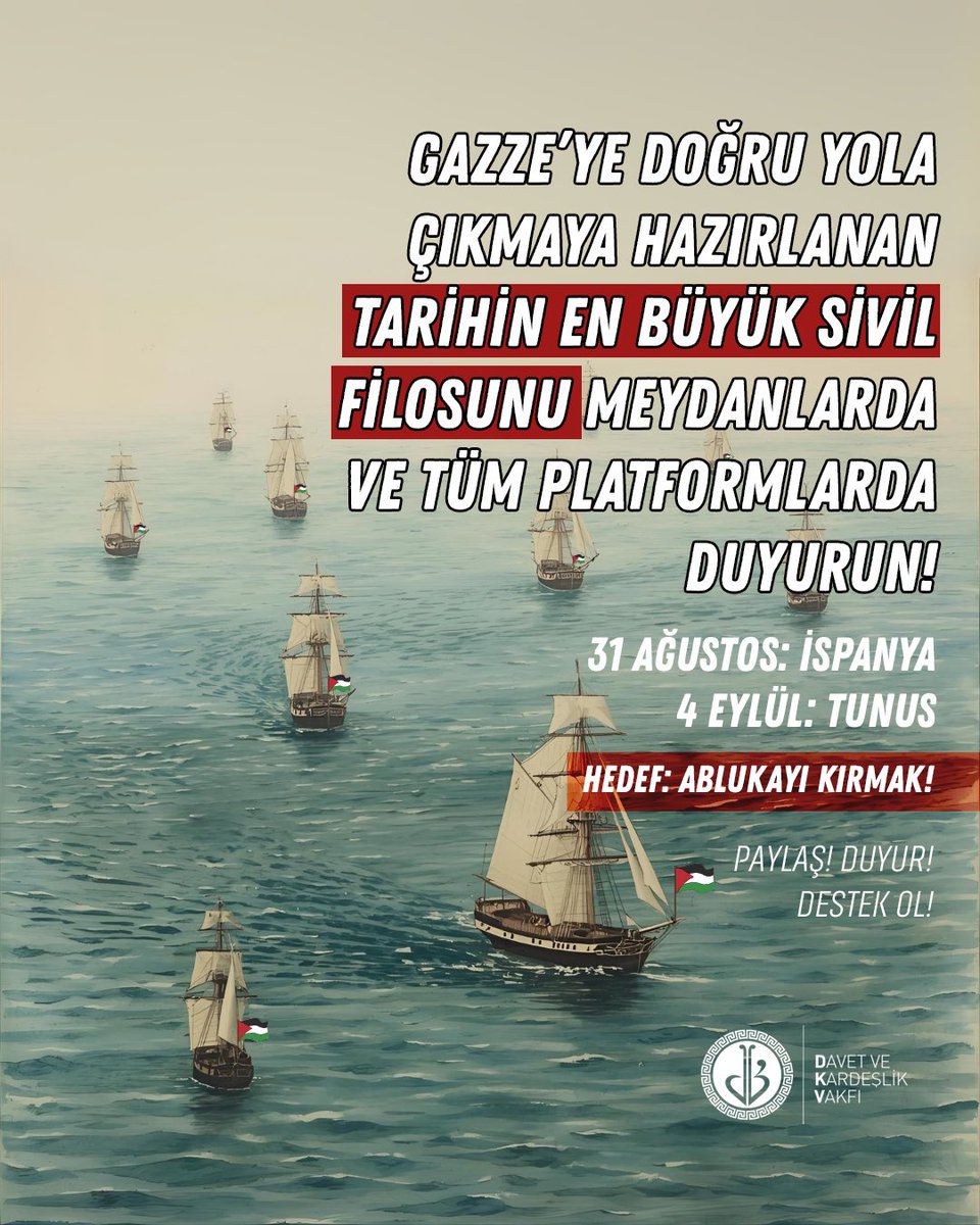 Kardeşlerimiz yıllardır abluka altında, zulmün gölgesinde yaşam mücadelesi veriyor. Bizler de susmayacağız, sessiz kalmayacağız! ✊

📌 Tarihin en büyük sivil filosu, Gazze’nin yanında olmak için yola çıkıyor.
📅 31 Ağustos: İspanya
📅 4 Eylül: Tunus

#GlobalMarchToGaza