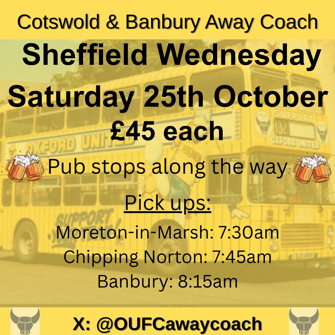 Next coach…

Couple of pubs stop on the way up and one post match.

Back to Banbury at 21:30-45.

#oufc