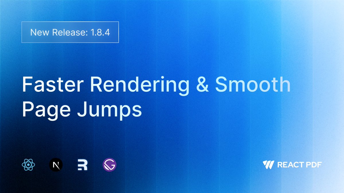 ReactPdf's tweet image. 🚀 React PDF v1.8.4 is here!
This release improves loading and rendering, especially when jumping between pages. It also fixes the dual page display issue in page scrolling mode.
👉 See what’s new: docs.react-pdf.dev/introduction/c…
#reactjs #nextjs #reactpdf