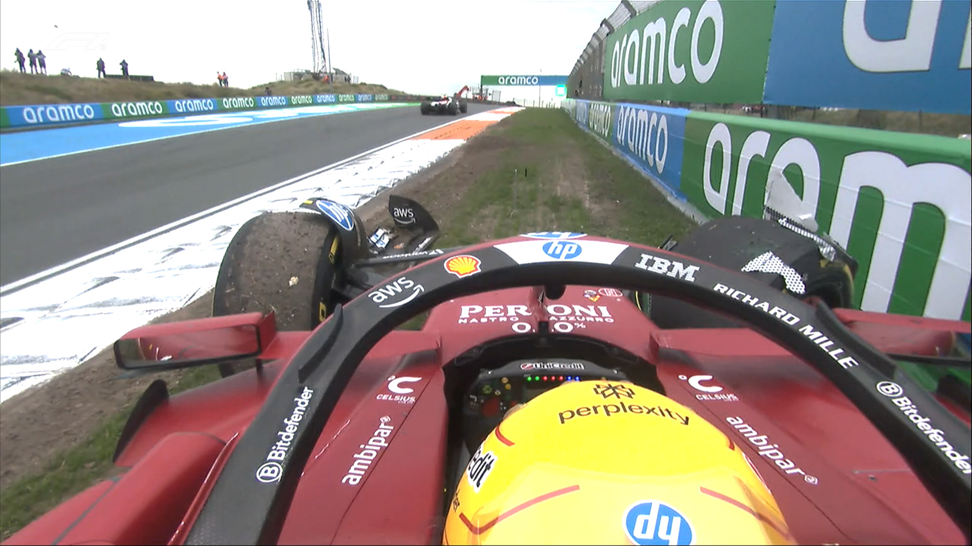 Lap 23: Hamilton crashes at Turn 3. Safety Car deployed. Both McLarens pit for hards. Verstappen pits for mediums.