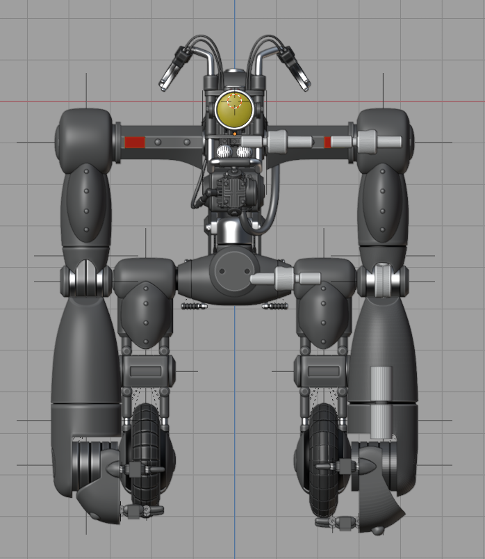 ライドバックSARU、試しに関節検討。
グレーの部分が使用予定の関節パーツ。収まりは悪くなさそう。
しかし膝だけは上下を細いシリンダーで支える構造のため、可動化の方法が思いつかない。ここは差し替えがいいかも。

市販関節ありきの設計でこれで全高120㎜。

#ライドバック