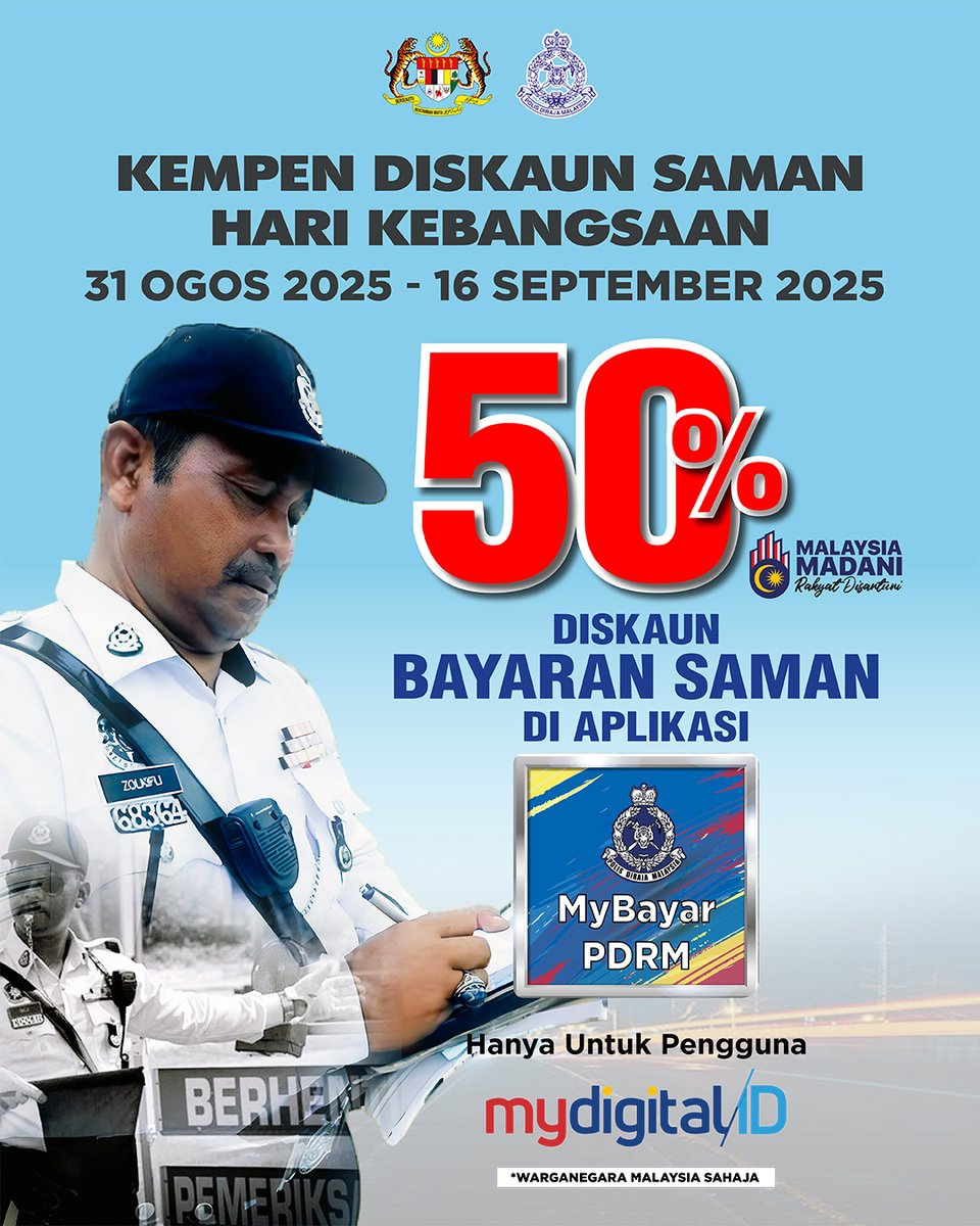 mydigital_ID's tweet image. Raikan Hari Kebangsaan 🇲🇾 &amp;amp; Hari Malaysia ✨

Nikmati diskaun 50% saman trafik PDRM melalui Kempen Diskaun Saman Kebangsaan dari 31 Ogos – 16 Sept 2025.

Hanya di aplikasi MyBayar PDRM dengan log masuk MyDigital ID.

#MyDigitalID #KDN #PDRM #DigitalMalaysia