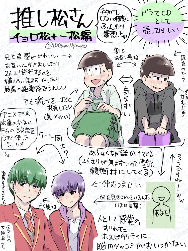 推し松さん、チョロ松＋一松版のボイスドラマのふんわり感想です
通常６つ子の気まずさも、F6のミステリアスな会話もすごく可愛かったです！
ARフォトのふたりと一緒に名古屋を観光するのも楽しすぎました
このふたりとまた旅に行きたいです

9月の十四松＋トド松版も聞きにいきます〜！