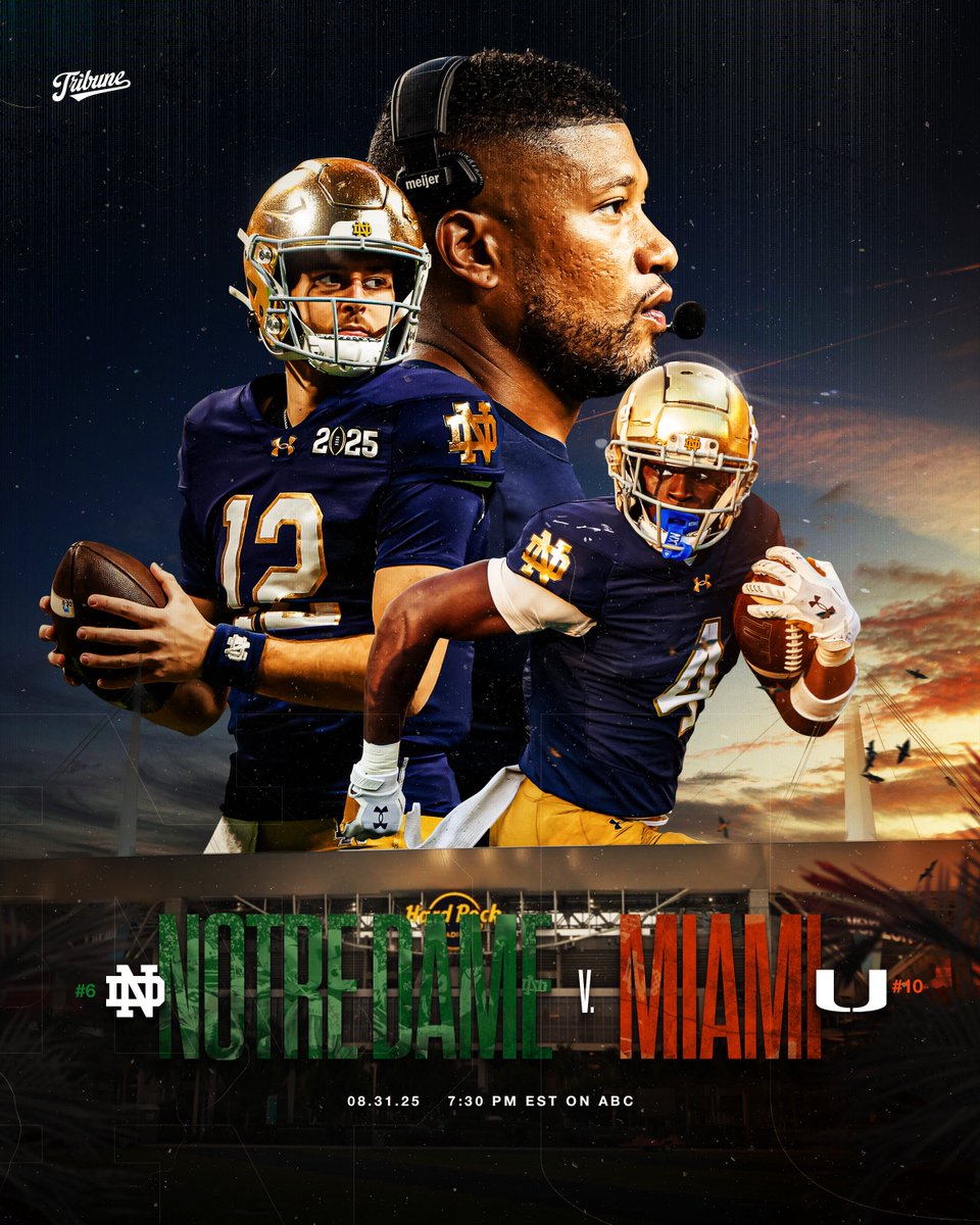 𝐍𝐎𝐓𝐑𝐄 𝐃𝐀𝐌𝐄 𝐏𝐋𝐀𝐘𝐒 𝐓𝐎𝐃𝐀𝐘

🆚: Miami FL. 
🏟️: Hard Rock Stadium  
📍: Miami Gardens, FL 
🕢: 7:30 PM ET
📺: ABC
⛅️: 82° / 🌧️

Preview: theirishtribune.com/post/notre-dam…