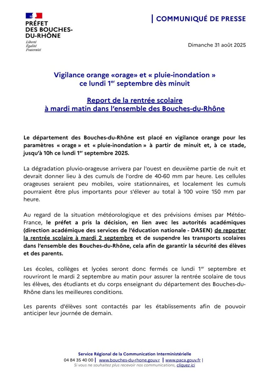Vigilance Orange : Orages &amp; pluies intenses attendus cette nuit et lundi matin dans les #BouchesDuRhône.
La rentrée scolaire est reportée au mardi 2 septembre pour toutes les écoles, collèges et lycées du département.
Transports scolaires suspendus lundi.
#Marseille #Rentrée2025