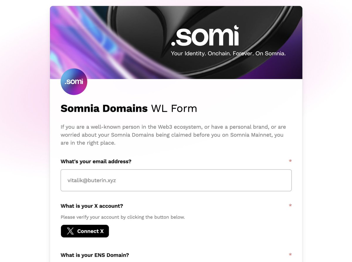 ChainVisionary.lvl🆙| (Ø,G) |🦑」🦭/acc |🎒 (@wsugiyama7692) on Twitter photo Somnia — Fill Form 📝
<a href="/Somnia_Network/">Somnia.somi</a> just released Somnia Domains WL Form app.deform.cc/form/4a3364e4-…
connect your wallet
submit Somnia — Fill Form 📝
<a href="/Somnia_Network/">Somnia.somi</a> just released Somnia Domains WL Form app.deform.cc/form/4a3364e4-…
connect your wallet
submit