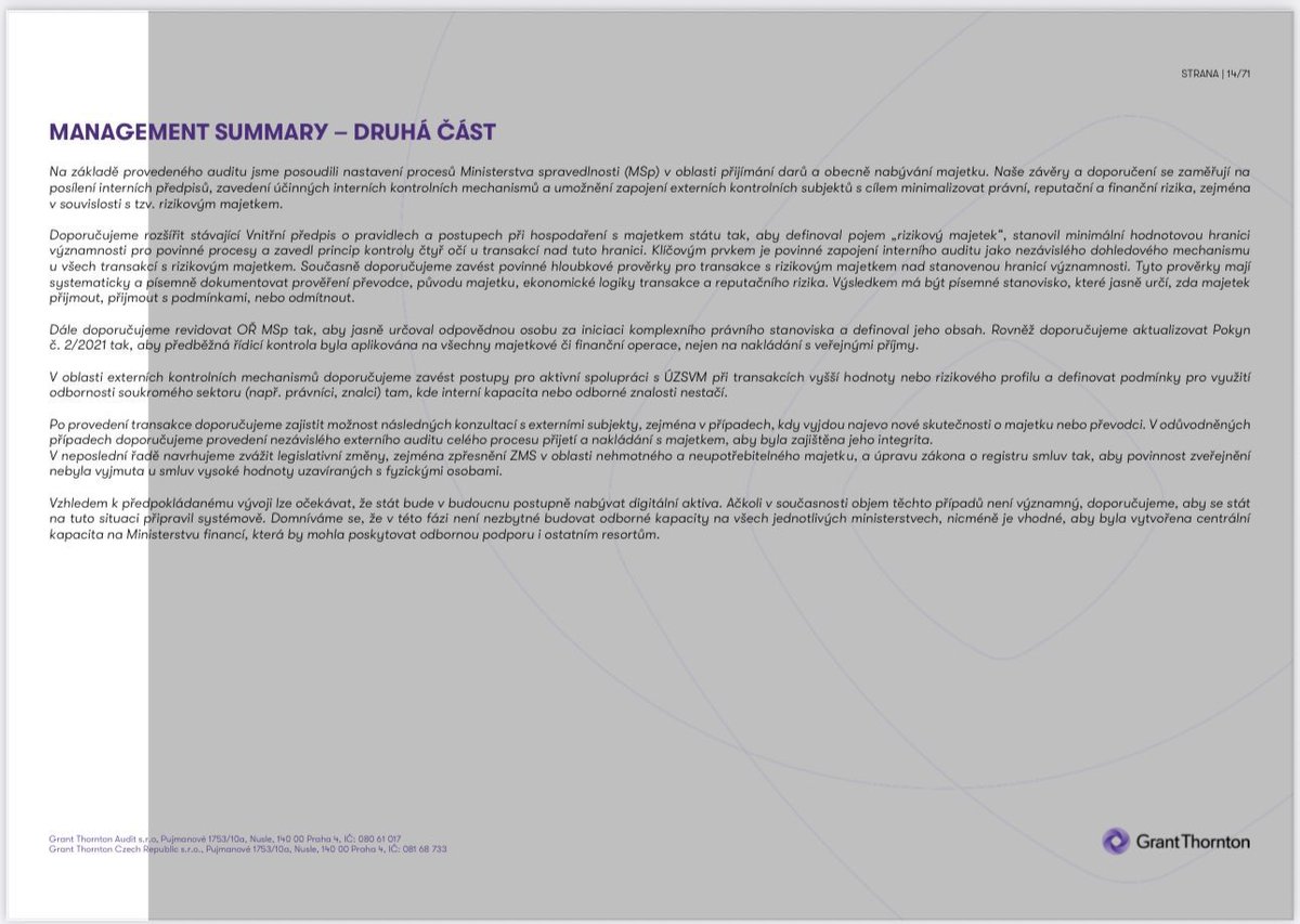 Ministerstvo v avizované lhůtě zajistilo auditní zprávu k přijetí daru. Ta byla doručena dnes odpoledne. Přikládáme manažerské shrnutí jejích obou částí. Současně se obracíme na <a href="/VSZ_Olomouc/">Vrchní státní zastupitelství v Olomouci</a> s dotazem, zda zveřejnění celkové zprávy nemůže narušit trestní řízení. Auditní zprávu