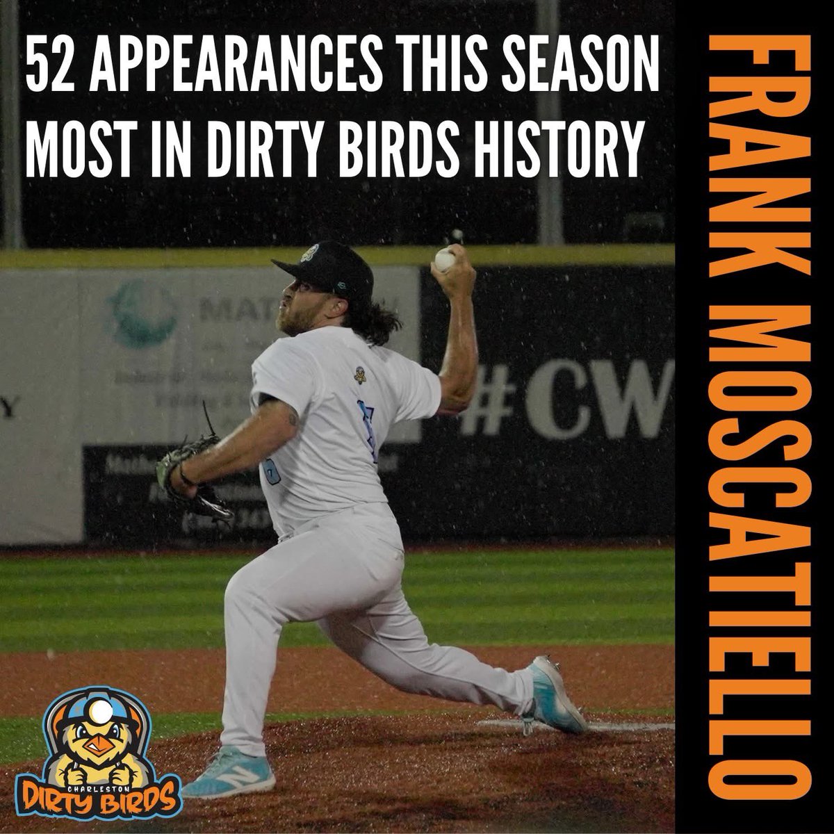 dirtybirdscwv's tweet image. Have you seen Frank on the mound? 👀 Chances are you have! Frankie has appeared 52 times in the 2025 season 😳 That's now the record for the most appearances for a pitcher in Dirty Birds history 👏 😮

#staydirty #DirtyBirds #CWV