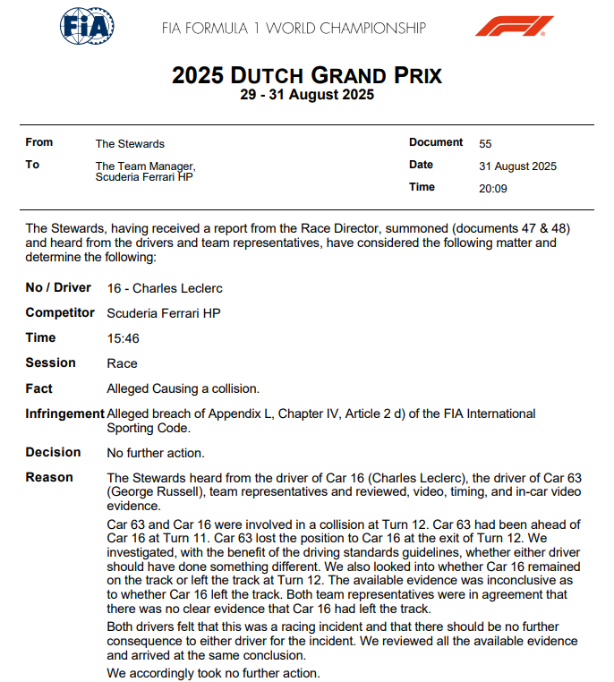 MsportXtra's tweet photo. #F1 #DutchGP No further action against Charles Leclerc after his contact with George Russell. #MsportXtra https://t.co/v7TgB3BA3T